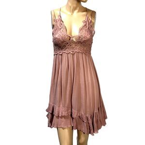 Free People Rose Blush Pink Adella Lace Mini Dress Ruffle Size S